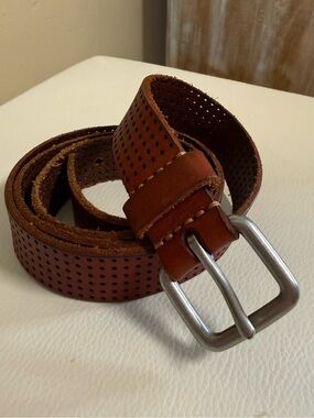 Perforated Brown Leather Belt with Brushed Silver Buckle
